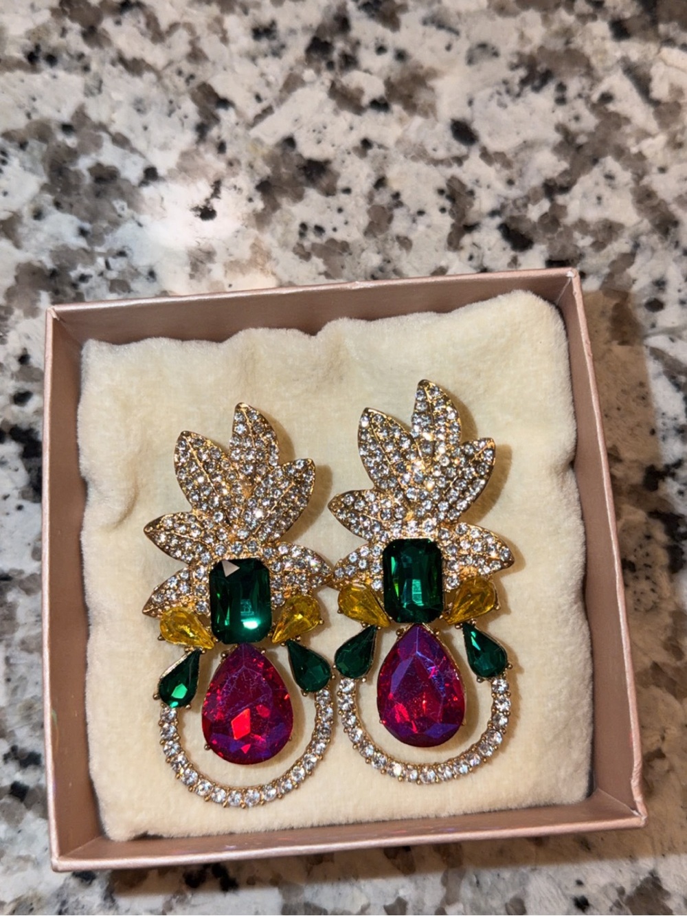 Gold-Tone Multicolor Crystal Drop Earrings - Green, Pink & Yellow